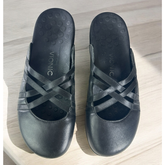Vionic Shoes - Vionic CLAIRE Flat Mule Slide Leather Crisscross Comfort Shoes Black Size 9